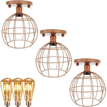 Imagem de 3 Lustre Teto Plafon + 3 Lâmpada Led St64 Industrial Aramado Globo Retrô Vintage Cobre Rose Gold