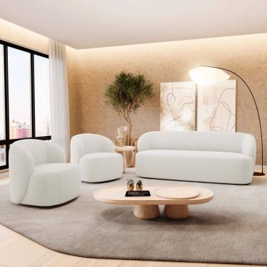 Imagem de Kit 02 Poltronas Giratória e 01 Sofá Orgânico Leez 170cm 02 Lugares Bouclê Off White - Abmaza
