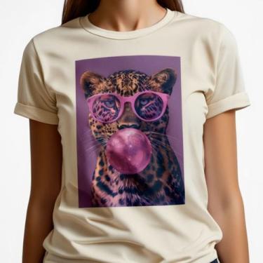 Imagem de Camiseta Feminina Tigre Óculos Rosa Bolha Estampa Moderna Camisa Casua