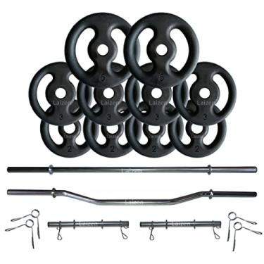Imagem de Kit Anilhas Ferro 30kg + 2 Barras 40cm + Barra 120 + Barra W