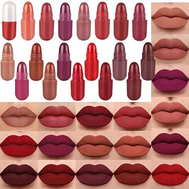 Imagem de BINGBRUSH 18 peças mini cápsulas de maquiagem batom pílulas, conjunto de manchas labiais de longa duração lápiz labial rojo feminino batons vermelhos bonito batom conjunto de bolsa
