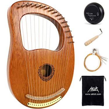 Imagem de AKLOT 16 cordas de metal Lyre Harp Sela de bordo mogno Corpo Lyra Harpa com chave de afinação de nota esculpida cordas para pegar