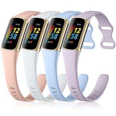 Imagem de GEAK Pulseira de substituição esportiva de silicone macio e fino compatível com Fitbit Charge 5 Advanced Fitness & Health Tracker, pacote com 4 rosas/lilás/branco/lavanda