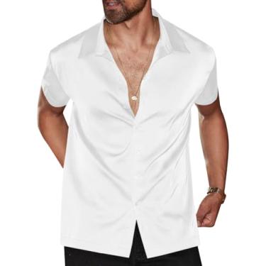 Imagem de Runcati Camisa social masculina luxuosa de cetim de seda casual de botão manga curta festa de formatura casamento, Branco, G