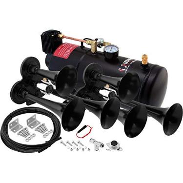 Imagem de Vixen Horns Kit de buzina de trem para caminhões/carros/semi. Sistema de bordo completo - Compressor de ar de 150psi, tanque de 1 galão, 6 trompetas. Super alto dB. Serve para veículos como