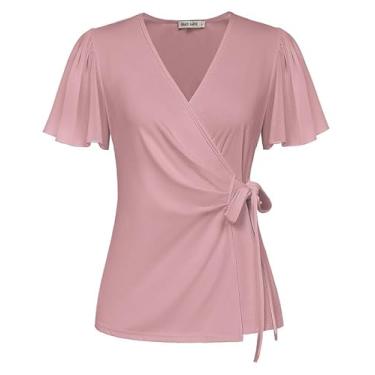Imagem de GRACE KARIN Blusas femininas elegantes de chiffon de manga curta 2024, blusas de verão, gola V, camisas de trabalho, rosa, GG