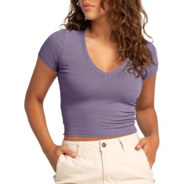 Imagem de Tankaneo Camiseta feminina cropped com gola V canelada manga curta básica de verão slim fit Y2k, Lavanda, P