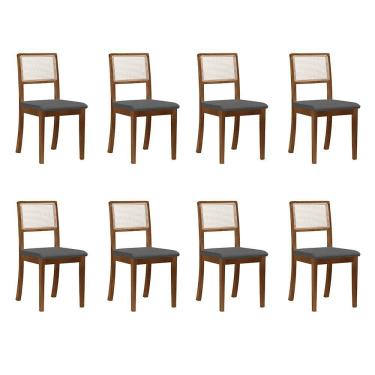 Imagem de Kit 8 Cadeiras de Jantar Luxo Palha Estofada Linho Cinza com Tela Sextavada Rubi Madeira Maciça Imbu