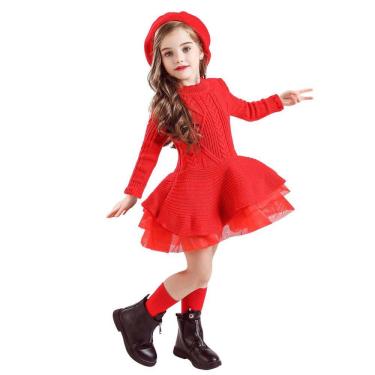Imagem de Vestido Infantil Menina Lã Trico Croche Festas Manga Longa