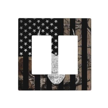 Imagem de Camuflagem preta bandeira americana alce alce caça rústica, chifre de cervo, balancim duplo/tampa de tomada decorativa 2 gangs capa de interruptor de luz decorativa Gfci placa de parede placa de