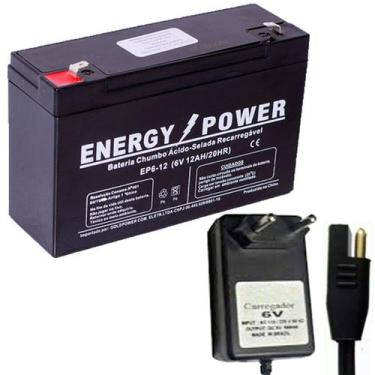 Imagem de Bateria Recarregável 6v 12ah + Carregador 6v 900mah Bandeirantes Bivol