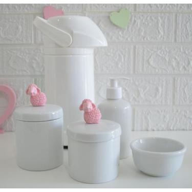 Imagem de kit Higiene Bebê Potes K021 Cotonete Flor Rosa Algodão Limpeza Porcela