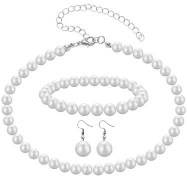 Imagem de Conjunto de 3 peças de colar de pérolas de 8 mm e brincos de pérolas falsas para mulheres, conjunto de colares de pérolas simuladas, redondo, branco, acessórios de bijuteria para mulheres, meninas,
