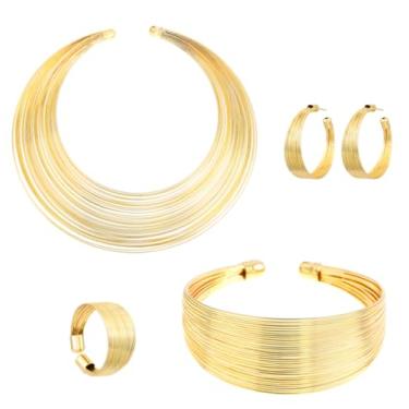 Imagem de Colar africano, argola multicamadas, banhado a ouro, babador, brinco, pulseira, anel, declaração, colares para mulheres (OURO), 11cm/4.33inch*15cm/5.9inch, Metal, Sem Pedra Preciosa