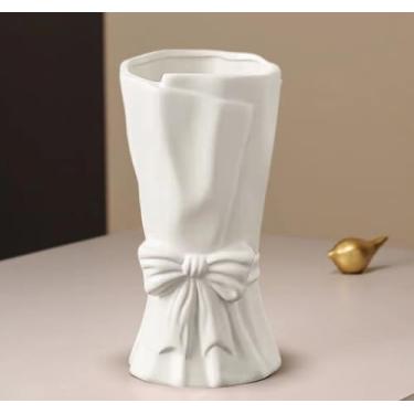 Imagem de Vaso de flores brancas para decoração de casa, vasos de cerâmica branca para estilo boho, decoração de laço, vasos de flores de 23 cm para buquê, vaso grande para decoração de prateleira/mesa ideal