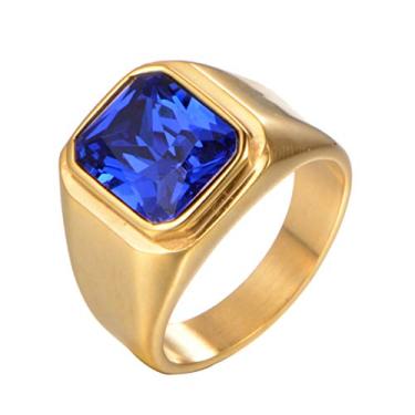 Imagem de PMTIER Anel masculino banhado a ouro de aço inoxidável com pedra preciosa quadrada azul preto