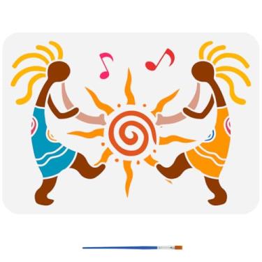 Imagem de FINGERINSPIRE Kokopelli Stencils com um pincel de pintura 29 x 20 cm, notas de sol, estênceis de decoração Kokopelli, estêncis, temas tribais, silhueta, modelo para parede, piso, madeira, faça você