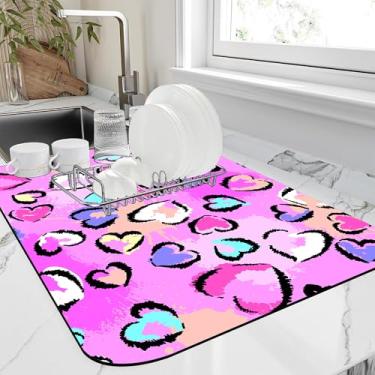 Imagem de Tapete de secagem de pratos leopardo caótico elemento coração leopardo tapete de cozinha 30,5 x 48,3 cm tapete para máquina de café absorvente para pratos, utensílios, cafeteira, panelas e