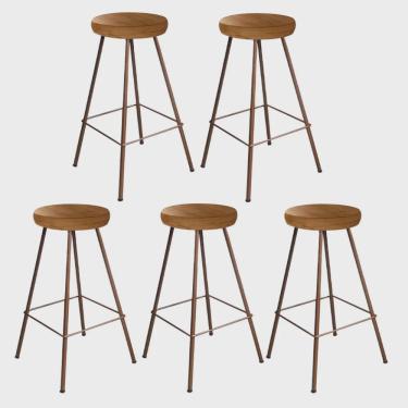 Imagem de Kit 05 Banqueta Alta Lanzzi Eiffel Rústico Cozinha Bar Balcão Bistrô Ferro Bronze Madeira Maciça Peroba - Ahz Móveis