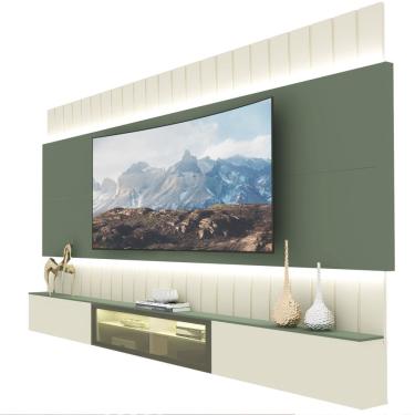 Imagem de Painel Estante Home Suspenso Gelius Soberano Reflecta para TV de até 85 polegadas com LED com 260 cm de Largura 100% mdf off White Verde Floresta
