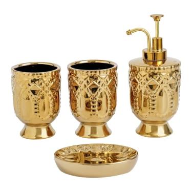 Imagem de TCQMSS Conjunto De Acessórios Para Banheiro Com 4 Peças, Conjuntos Dispensadores Sabonete Cerâmica, Decoração Completa Em Ouro, Incluindo Dispensador Sabonete, Porta-Escovas Dente, Copos E Sabonetei