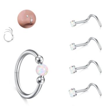 Imagem de JFORYOU Conjunto de anéis de nariz 18G para mulheres, aço inoxidável, hipoalergênico, 1,5 mm, 2,5 mm, 2,5 mm, 3 mm e opala articulada, segmento clicker, argolas de nariz, argolas, cartilagem de hélice