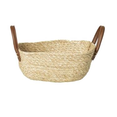 Imagem de Cesto Organizador de Fibra Natural Mocca com Alças em Couro Tamanho Pequeno Baixo para decoração armazenamento de objetos Organização