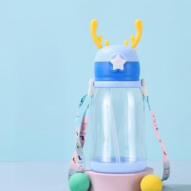 Imagem de Garrafa Infantil Premium com Chifres de Alce, Canudo e Alça 600 ml (Azul)