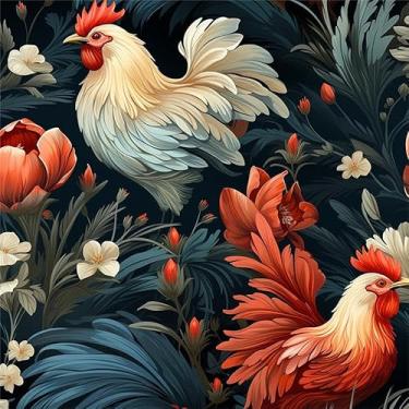 Imagem de MuralPeel Papel de parede de galo vermelho creme floral preto escuro azul marinho descascar e colar fácil de remover autoadesivo removível em papel de parede para locatários de cozinha amigável