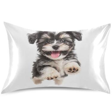 Imagem de Happy Black White Havanese Puppy Fronha de cetim para cabelo King Queen capa de travesseiro padrão capas de almofadas refrescantes de luxo para cama extra macia, tamanho king, 101,6 cm x 50,8 cm