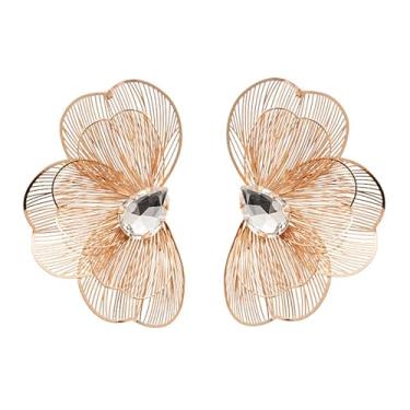 Imagem de Brincos de flor dourados, brincos de borla de folha de ginkgo biloba, brincos grandes de metal, brincos boêmios, pétalas em camadas, joia floral para mulheres, Large, Zinco, Liga metálica.