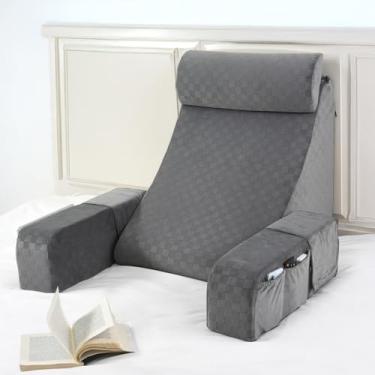 Imagem de Vekkia Almofada de leitura de 53 cm com braços e encosto de cabeça – Almofada de suporte alto para as costas para adultos, espuma multidensidade, capa removível e bolsos laterais GG – para leitura, TV