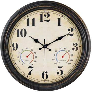 Imagem de zyzamay Relógio de parede vintage dourado preto de 40,6 cm com termômetro e higrômetro e à prova d'água, grandes números silenciosos, perfeito para varanda, jardim, piscina