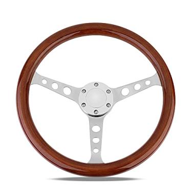 Imagem de YEHICY Volante Universal de Madeira Clássico para Carro de 380 Mm com 3 Raios, Volante Automotivo Estilo Nostalgia de 15" com Botão de Buzina
