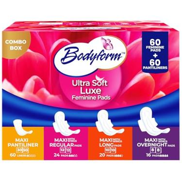 Imagem de Bodyform Pacote combo Luxe Feminine Care Value, 120 unidades (60 absorventes ultramacios + 60 calcinhas suaves), pacote variado, macio e ultraabsorvente, frescor e proteção diária