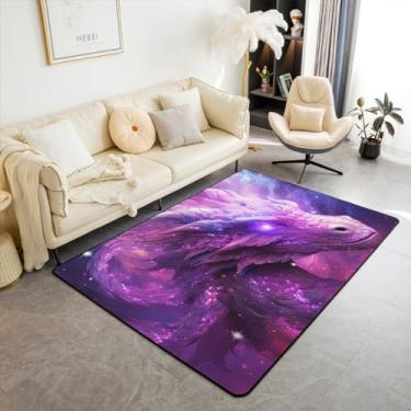 Imagem de Erosebridal Tapete de área de dragão 3D 3x5 tapete de animal mágico para crianças medieval antigo tapete de vida selvagem roxo galáxia nebulosa estrelas tapete decorativo sem derramamento para sala de