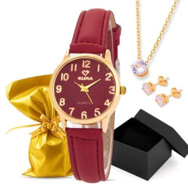 Imagem de Kit Relógio Eura Couro Dourado Colar e Brinco com Caixa Presenteavel, 