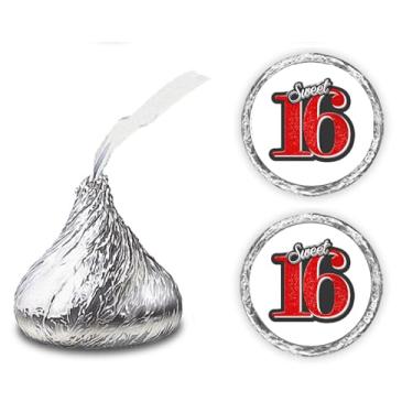 Imagem de Adesivos Sweet 16 Kisses (conjunto de 216) 16 adesivos de gotas de chocolate de aniversário para aniversário de 16 anos, decoração de lembrancinhas de festa de beijos da Hershey, Vermelho