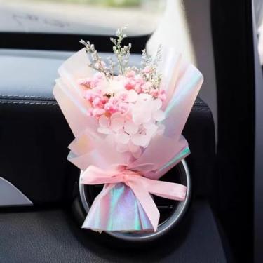 Imagem de Mini buquê de flores secas rosa para clipes de ventilação de carro, decoração de perfume de saída de ar de carro, acessórios de decoração de interiores de purificadores de ar de carro