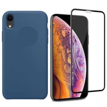 Imagem de Capa Capinha Para iPhone Xr Azul Aveludada + Película 3D
