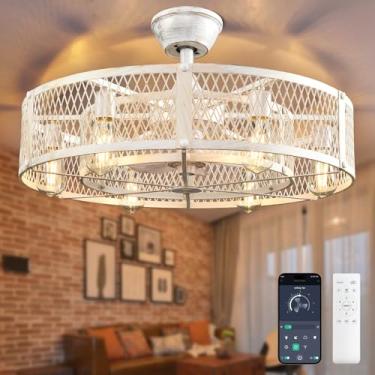 Imagem de Depuley Ventilador de teto externo com luz: Ventiladores de teto com gaiola de 66 cm com controle remoto de aplicativo para pátio cozinha quarto - lustre de casa de fazenda luminária reversível com