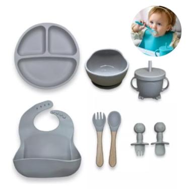Imagem de Kit 8 Alimentação Bebê Silicone Prato Babador Copo Tigela Cor Cinza e Rosa Introdução Alimentar infantil (CINZA)