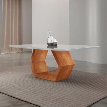 Imagem de Mesa de Jantar 180cm X 80cm Tampo Madeira com Vidro Sarah Cinamomo Imbuia/ Laqueado Off White