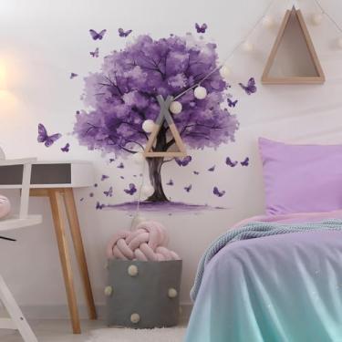 Imagem de ZARROUEA Decalques de parede de árvore grande Uma árvore de sonho roxa dançando borboletas adesivos de parede destacáveis adesivos de arte de parede removíveis DIY vinil árvores verdes decoração de