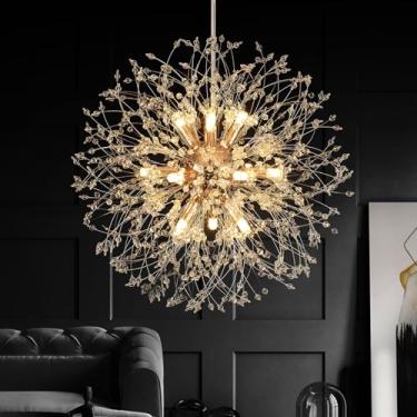 Imagem de JZQWCK Lustres de cristal de dente-de-leão, lustre de ouro 12 luzes, lustre de fogos de artifício D23.6 Lustres modernos para sala de jantar, quarto, cozinha, entrada, corredor