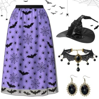 Imagem de Yearntown Conjunto de 4 peças de acessórios de fantasia de Halloween saia longa de malha franzido chapéu de bruxa gótico conjunto de brincos gargantilha para festa (roxo, G)