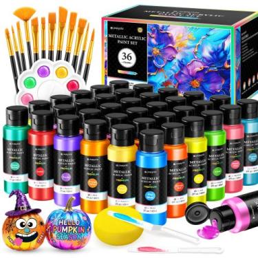 Imagem de Conjunto de tinta acrílica POPYOLA 36 cores com pincéis e paleta 60mL