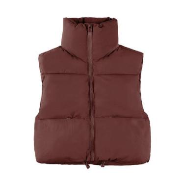Imagem de Colete acolchoado feminino UANEO Cropped com zíper e gola marrom