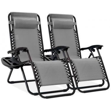 Imagem de Cadeiras de Praia Zero Gravity Ajustáveis em Conjunto de 2, Malha de Aço - Cinza Gelo, com Almofadas e Suporte,Best Choice Products