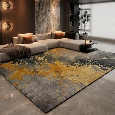 Imagem de Tapete decorativo listrado preto dourado retrô para sala de estar, tapete para quarto, lavável e fácil de cuidar (200x200 cm/YHT083-2-B)